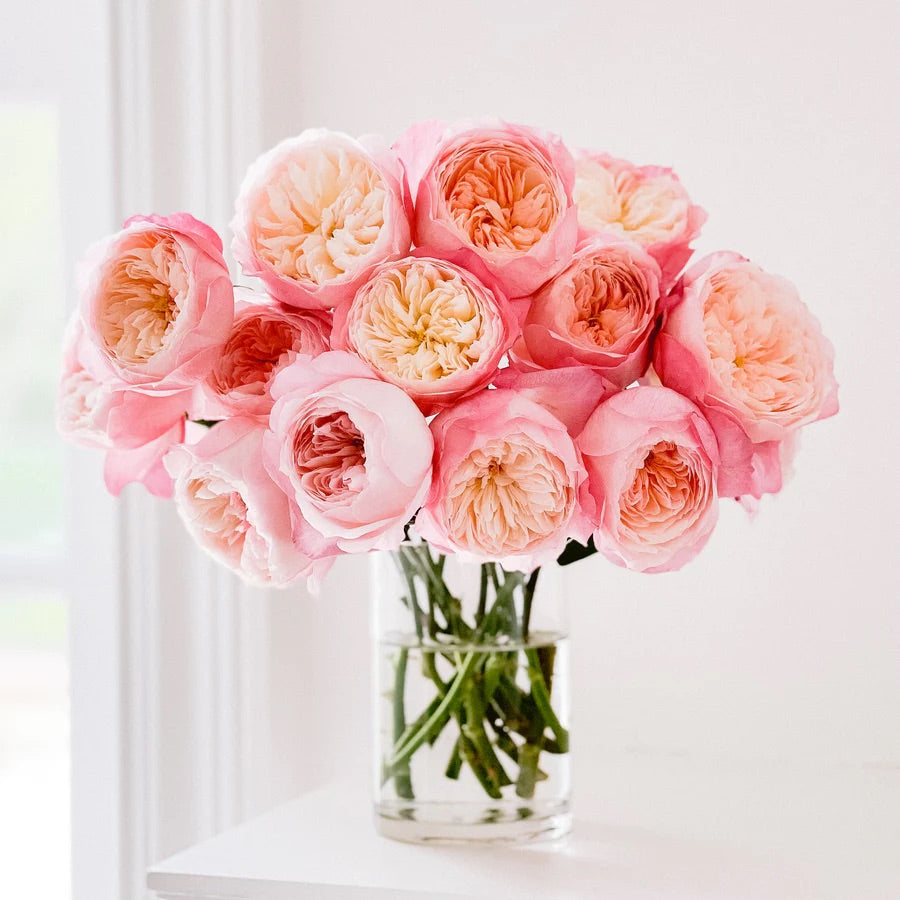 Peachy coloured garden roses in a clear glass vase.