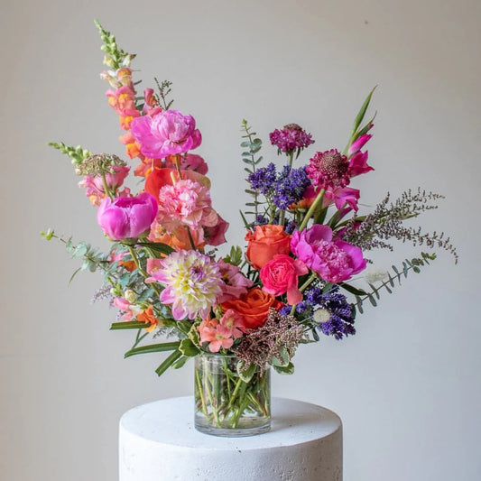 Gorgeous bright flower bouquet of pink and purple flowers.
