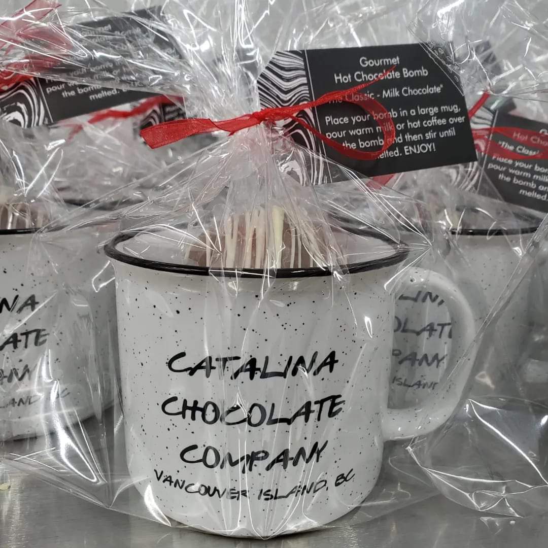 Catalina Chocolate Company mug with hot chocolate bomb Vancouver Island