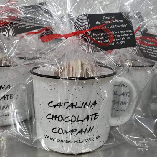 Catalina Chocolate Company mug with hot chocolate bomb Vancouver Island