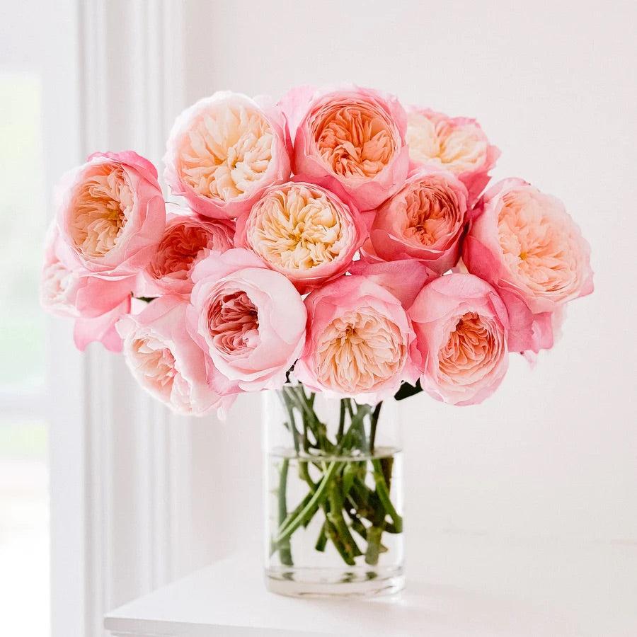 Peachy coloured garden roses in a clear glass vase. 